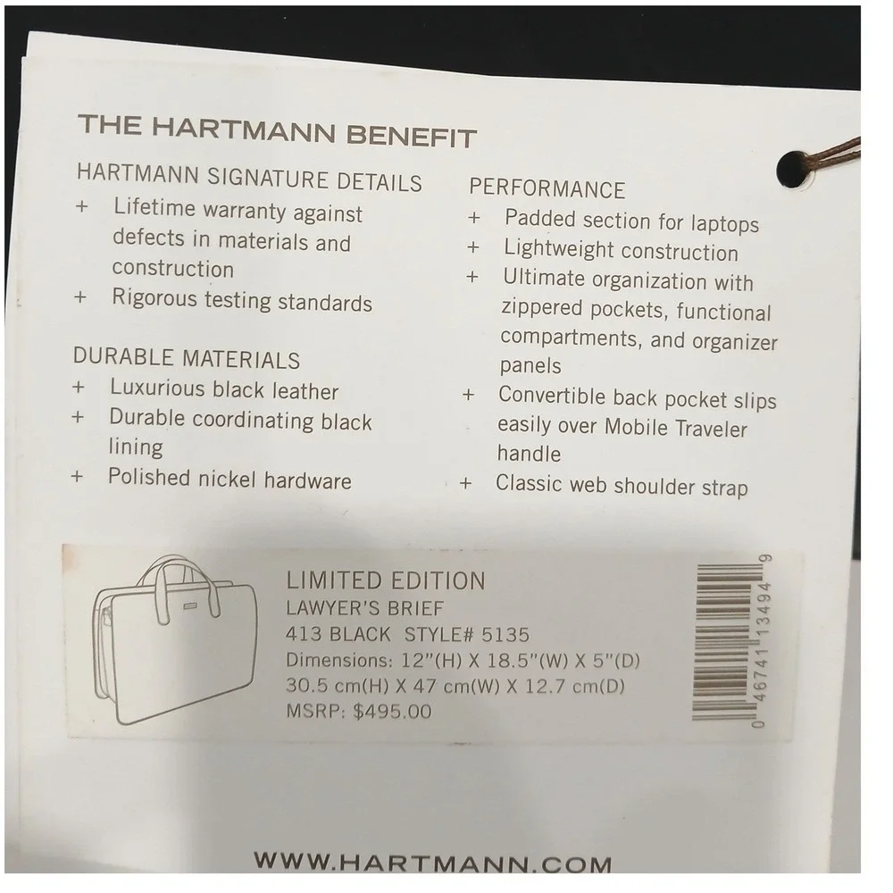 NEW Hartmann Limited Edition Black Leather Laptop Lawyer Briefcase Messenger Bag